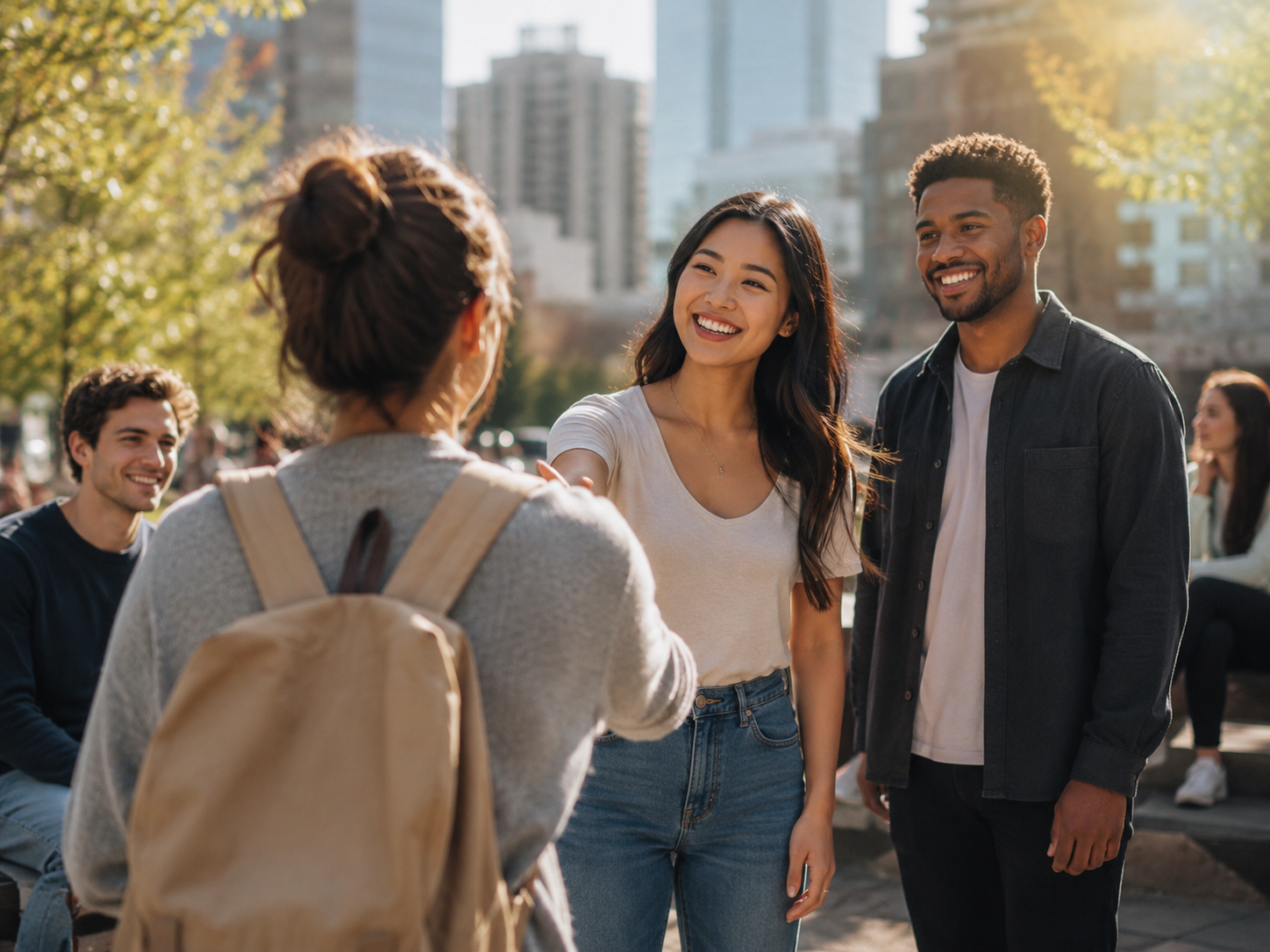 People meeting new friends in a sunny city park