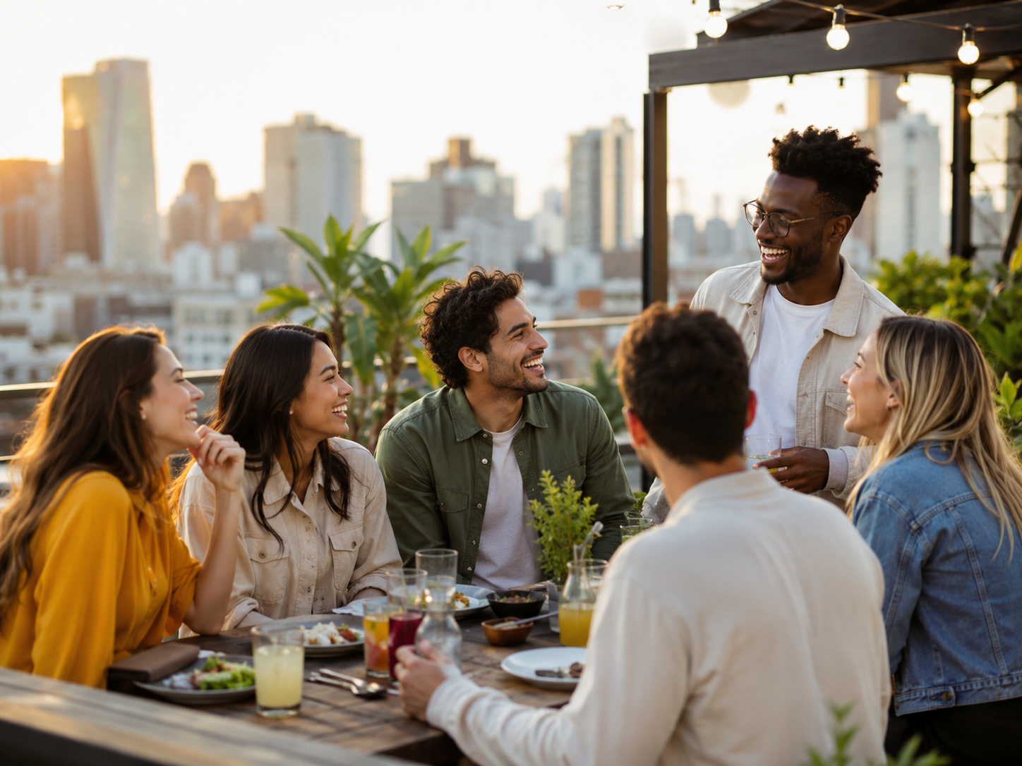 Friends laughing together at a rooftop gathering