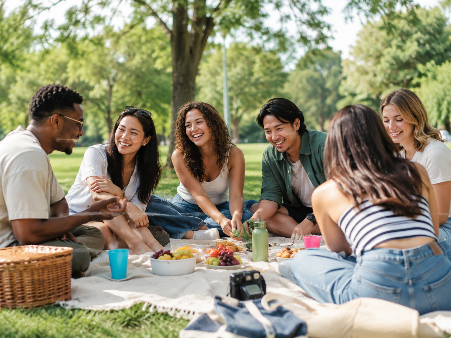 Group of friends enjoying a picnic in a park